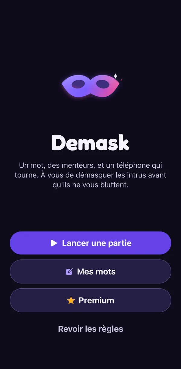 Écran d’accueil de Demask : logo masque, boutons Lancer une partie, Mes mots et Premium.