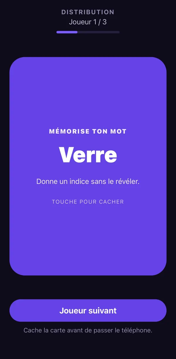 Distribution des mots, joueur 1 sur 3 : carte violette « Mémorise ton mot » affichant le mot Verre.