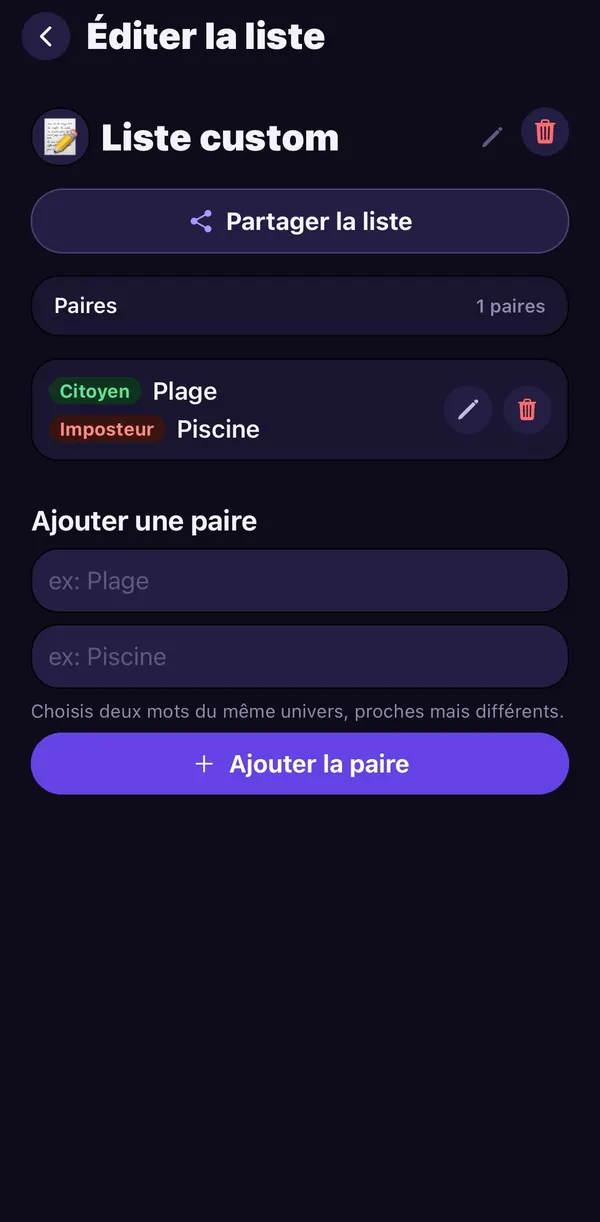 Édition d’une liste personnalisée : paire Citoyen Plage et Imposteur Piscine, bouton Partager la liste.